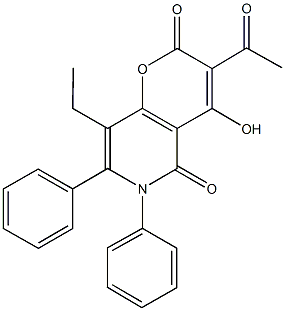 3-acetyl-8-ethyl-4-hydroxy-6,7-diphenyl-2H-pyrano[3,2-c]pyridine-2,5(6H)-dione 구조식 이미지