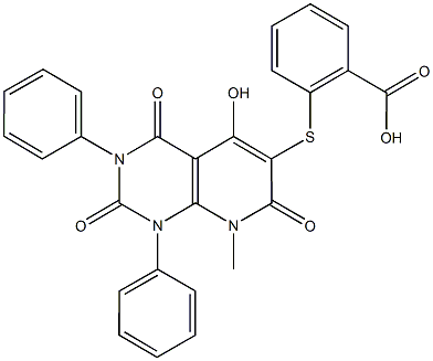 2-[(5-hydroxy-8-methyl-2,4,7-trioxo-1,3-diphenyl-1,2,3,4,7,8-hexahydropyrido[2,3-d]pyrimidin-6-yl)sulfanyl]benzoic acid Structure