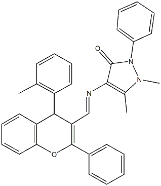 1,5-dimethyl-4-({[4-(2-methylphenyl)-2-phenyl-4H-chromen-3-yl]methylene}amino)-2-phenyl-1,2-dihydro-3H-pyrazol-3-one 구조식 이미지