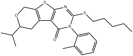 6-isopropyl-3-(2-methylphenyl)-2-(pentylsulfanyl)-3,5,6,8-tetrahydro-4H-pyrano[4',3':4,5]thieno[2,3-d]pyrimidin-4-one 구조식 이미지