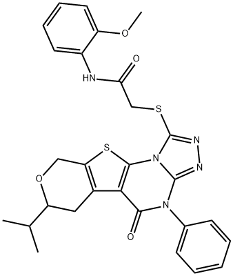 2-[(7-isopropyl-5-oxo-4-phenyl-4,5,6,9-tetrahydro-7H-pyrano[4',3':4,5]thieno[3,2-e][1,2,4]triazolo[4,3-a]pyrimidin-1-yl)sulfanyl]-N-(2-methoxyphenyl)acetamide 구조식 이미지