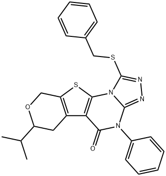 1-(benzylsulfanyl)-7-isopropyl-4-phenyl-6,9-dihydro-7H-pyrano[4',3':4,5]thieno[3,2-e][1,2,4]triazolo[4,3-a]pyrimidin-5(4H)-one 구조식 이미지