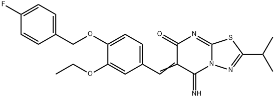 6-{3-ethoxy-4-[(4-fluorobenzyl)oxy]benzylidene}-5-imino-2-isopropyl-5,6-dihydro-7H-[1,3,4]thiadiazolo[3,2-a]pyrimidin-7-one 구조식 이미지