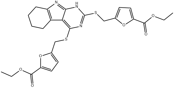 ethyl 5-({[2-({[5-(ethoxycarbonyl)-2-furyl]methyl}sulfanyl)-6,7,8,9-tetrahydro-5H-pyrimido[4,5-b]indol-4-yl]sulfanyl}methyl)-2-furoate Structure