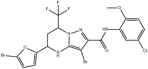 3-bromo-5-(5-bromo-2-furyl)-N-(5-chloro-2-methoxyphenyl)-7-(trifluoromethyl)-4,5,6,7-tetrahydropyrazolo[1,5-a]pyrimidine-2-carboxamide 구조식 이미지