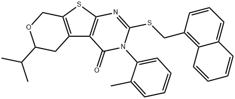 6-isopropyl-3-(2-methylphenyl)-2-[(1-naphthylmethyl)sulfanyl]-3,5,6,8-tetrahydro-4H-pyrano[4',3':4,5]thieno[2,3-d]pyrimidin-4-one 구조식 이미지