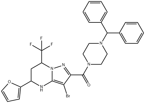 2-[(4-benzhydryl-1-piperazinyl)carbonyl]-3-bromo-5-(2-furyl)-7-(trifluoromethyl)-4,5,6,7-tetrahydropyrazolo[1,5-a]pyrimidine Structure