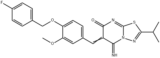 6-{4-[(4-fluorobenzyl)oxy]-3-methoxybenzylidene}-5-imino-2-isopropyl-5,6-dihydro-7H-[1,3,4]thiadiazolo[3,2-a]pyrimidin-7-one 구조식 이미지