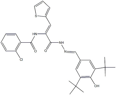 2-chloro-N-[1-{[2-(3,5-ditert-butyl-4-hydroxybenzylidene)hydrazino]carbonyl}-2-(2-thienyl)vinyl]benzamide Structure