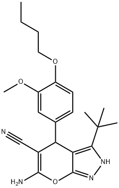 6-amino-4-(4-butoxy-3-methoxyphenyl)-3-tert-butyl-2,4-dihydropyrano[2,3-c]pyrazole-5-carbonitrile Structure