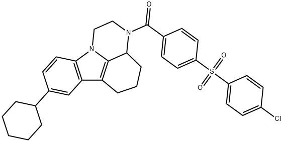 3-{4-[(4-chlorophenyl)sulfonyl]benzoyl}-8-cyclohexyl-2,3,3a,4,5,6-hexahydro-1H-pyrazino[3,2,1-jk]carbazole 구조식 이미지