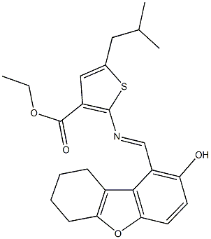 ethyl 2-{[(2-hydroxy-6,7,8,9-tetrahydrodibenzo[b,d]furan-1-yl)methylene]amino}-5-isobutyl-3-thiophenecarboxylate 구조식 이미지