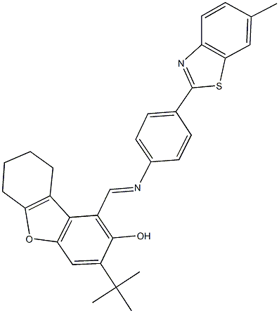 3-tert-butyl-1-({[4-(6-methyl-1,3-benzothiazol-2-yl)phenyl]imino}methyl)-6,7,8,9-tetrahydrodibenzo[b,d]furan-2-ol Structure