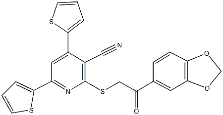 2-{[2-(1,3-benzodioxol-5-yl)-2-oxoethyl]sulfanyl}-4,6-di(2-thienyl)nicotinonitrile Structure