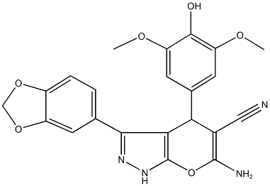 6-amino-3-(1,3-benzodioxol-5-yl)-4-(4-hydroxy-3,5-dimethoxyphenyl)-1,4-dihydropyrano[2,3-c]pyrazole-5-carbonitrile 구조식 이미지