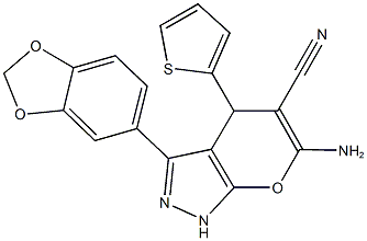 6-amino-3-(1,3-benzodioxol-5-yl)-4-(2-thienyl)-1,4-dihydropyrano[2,3-c]pyrazole-5-carbonitrile 구조식 이미지