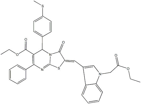 ethyl 2-{[1-(2-ethoxy-2-oxoethyl)-1H-indol-3-yl]methylene}-5-[4-(methylsulfanyl)phenyl]-3-oxo-7-phenyl-2,3-dihydro-5H-[1,3]thiazolo[3,2-a]pyrimidine-6-carboxylate 구조식 이미지