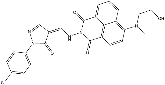 2-({[1-(4-chlorophenyl)-3-methyl-5-oxo-1,5-dihydro-4H-pyrazol-4-ylidene]methyl}amino)-6-[(2-hydroxyethyl)(methyl)amino]-1H-benzo[de]isoquinoline-1,3(2H)-dione Structure