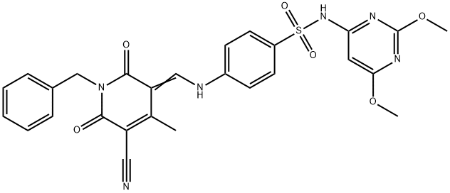 4-{[(1-benzyl-5-cyano-4-methyl-2,6-dioxo-1,6-dihydropyridin-3(2H)-ylidene)methyl]amino}-N-(2,6-dimethoxypyrimidin-4-yl)benzenesulfonamide 구조식 이미지