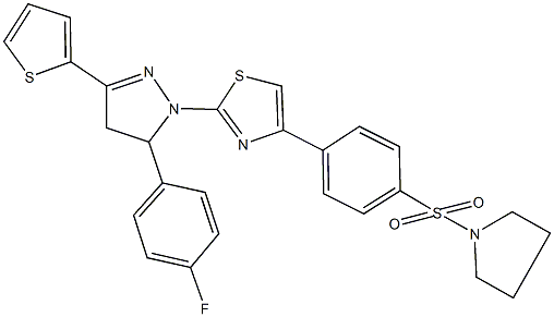 2-[5-(4-fluorophenyl)-3-(2-thienyl)-4,5-dihydro-1H-pyrazol-1-yl]-4-[4-(1-pyrrolidinylsulfonyl)phenyl]-1,3-thiazole 구조식 이미지