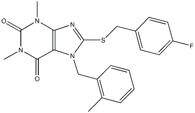 8-{[(4-fluorophenyl)methyl]sulfanyl}-1,3-dimethyl-7-[(2-methylphenyl)methyl]-3,7-dihydro-1H-purine-2,6-dione 구조식 이미지