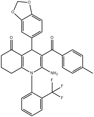 2-amino-4-(1,3-benzodioxol-5-yl)-3-(4-methylbenzoyl)-1-[2-(trifluoromethyl)phenyl]-4,6,7,8-tetrahydro-5(1H)-quinolinone 구조식 이미지