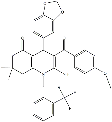 2-amino-4-(1,3-benzodioxol-5-yl)-3-(4-methoxybenzoyl)-7,7-dimethyl-1-[2-(trifluoromethyl)phenyl]-4,6,7,8-tetrahydro-5(1H)-quinolinone 구조식 이미지