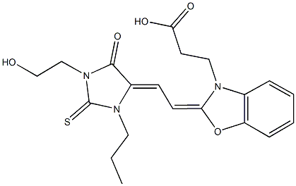 3-(2-{2-[1-(2-hydroxyethyl)-5-oxo-3-propyl-2-thioxo-4-imidazolidinylidene]ethylidene}-1,3-benzoxazol-3(2H)-yl)propanoic acid 구조식 이미지