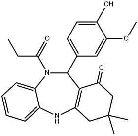 11-(4-hydroxy-3-methoxyphenyl)-3,3-dimethyl-10-propionyl-2,3,4,5,10,11-hexahydro-1H-dibenzo[b,e][1,4]diazepin-1-one 구조식 이미지