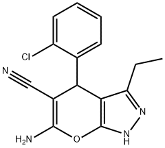 6-amino-4-(2-chlorophenyl)-3-ethyl-1,4-dihydropyrano[2,3-c]pyrazole-5-carbonitrile 구조식 이미지