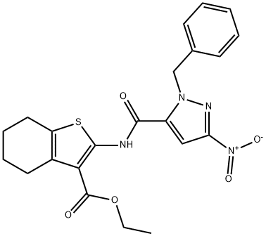 ethyl 2-[({1-benzyl-3-nitro-1H-pyrazol-5-yl}carbonyl)amino]-4,5,6,7-tetrahydro-1-benzothiophene-3-carboxylate 구조식 이미지