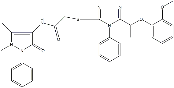 N-(1,5-dimethyl-3-oxo-2-phenyl-2,3-dihydro-1H-pyrazol-4-yl)-2-({5-[1-(2-methoxyphenoxy)ethyl]-4-phenyl-4H-1,2,4-triazol-3-yl}sulfanyl)acetamide 구조식 이미지