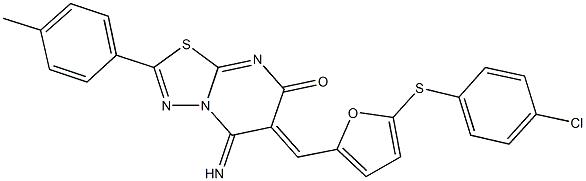 6-({5-[(4-chlorophenyl)sulfanyl]-2-furyl}methylene)-5-imino-2-(4-methylphenyl)-5,6-dihydro-7H-[1,3,4]thiadiazolo[3,2-a]pyrimidin-7-one 구조식 이미지