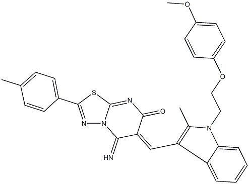 5-imino-6-({1-[2-(4-methoxyphenoxy)ethyl]-2-methyl-1H-indol-3-yl}methylene)-2-(4-methylphenyl)-5,6-dihydro-7H-[1,3,4]thiadiazolo[3,2-a]pyrimidin-7-one Structure