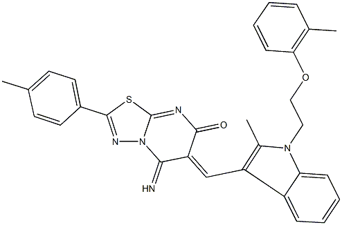 5-imino-6-({2-methyl-1-[2-(2-methylphenoxy)ethyl]-1H-indol-3-yl}methylene)-2-(4-methylphenyl)-5,6-dihydro-7H-[1,3,4]thiadiazolo[3,2-a]pyrimidin-7-one 구조식 이미지