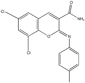 6,8-dichloro-2-[(4-methylphenyl)imino]-2H-chromene-3-carboxamide Structure