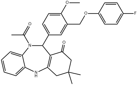10-acetyl-11-{3-[(4-fluorophenoxy)methyl]-4-methoxyphenyl}-3,3-dimethyl-2,3,4,5,10,11-hexahydro-1H-dibenzo[b,e][1,4]diazepin-1-one 구조식 이미지