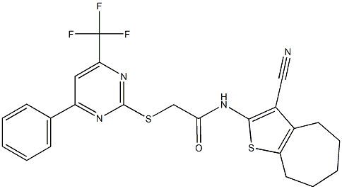 N-(3-cyano-5,6,7,8-tetrahydro-4H-cyclohepta[b]thien-2-yl)-2-{[4-phenyl-6-(trifluoromethyl)-2-pyrimidinyl]sulfanyl}acetamide 구조식 이미지