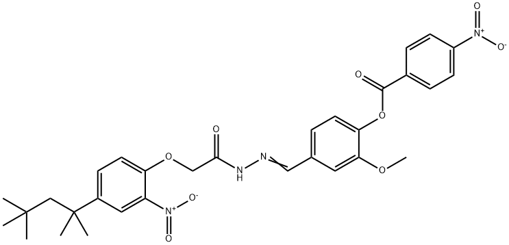 4-(2-{[2-nitro-4-(1,1,3,3-tetramethylbutyl)phenoxy]acetyl}carbohydrazonoyl)-2-methoxyphenyl 4-nitrobenzoate 구조식 이미지