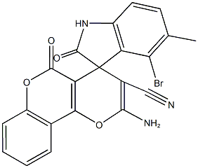 2'-amino-4-bromo-5-methyl-1,3-dihydro-2,5'-dioxospiro(2H-indole-3,4'-[4'H,5'H]-pyrano[3,2-c]chromene)-3'-carbonitrile Structure