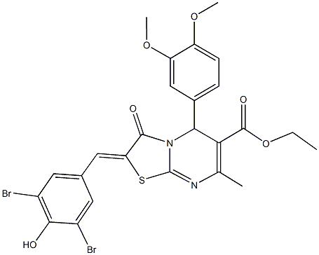 ethyl 2-(3,5-dibromo-4-hydroxybenzylidene)-5-(3,4-dimethoxyphenyl)-7-methyl-3-oxo-2,3-dihydro-5H-[1,3]thiazolo[3,2-a]pyrimidine-6-carboxylate Structure