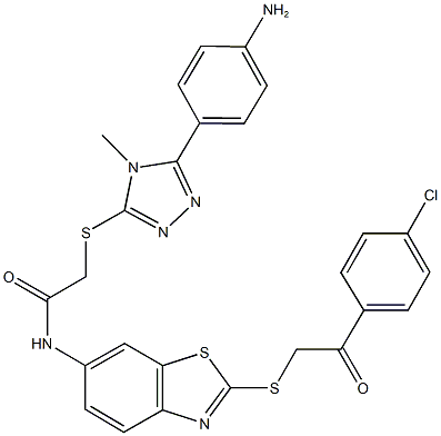 2-{[5-(4-aminophenyl)-4-methyl-4H-1,2,4-triazol-3-yl]sulfanyl}-N-(2-{[2-(4-chlorophenyl)-2-oxoethyl]sulfanyl}-1,3-benzothiazol-6-yl)acetamide 구조식 이미지