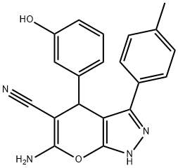 6-amino-4-(3-hydroxyphenyl)-3-(4-methylphenyl)-1,4-dihydropyrano[2,3-c]pyrazole-5-carbonitrile 구조식 이미지