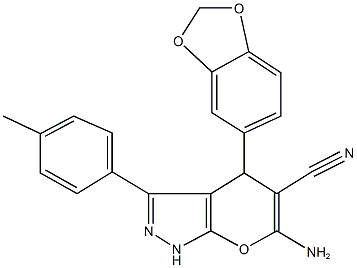 6-amino-4-(1,3-benzodioxol-5-yl)-3-(4-methylphenyl)-1,4-dihydropyrano[2,3-c]pyrazole-5-carbonitrile Structure