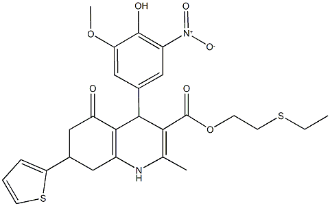 2-(ethylsulfanyl)ethyl 4-{4-hydroxy-3-nitro-5-methoxyphenyl}-2-methyl-5-oxo-7-(2-thienyl)-1,4,5,6,7,8-hexahydro-3-quinolinecarboxylate 구조식 이미지