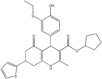 cyclopentyl 4-(3-ethoxy-4-hydroxyphenyl)-2-methyl-5-oxo-7-(2-thienyl)-1,4,5,6,7,8-hexahydro-3-quinolinecarboxylate Structure