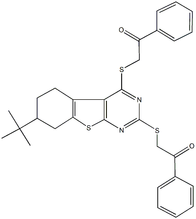 2-({7-tert-butyl-2-[(2-oxo-2-phenylethyl)sulfanyl]-5,6,7,8-tetrahydro[1]benzothieno[2,3-d]pyrimidin-4-yl}sulfanyl)-1-phenylethanone 구조식 이미지