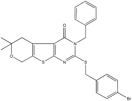 3-benzyl-2-[(4-bromobenzyl)sulfanyl]-6,6-dimethyl-3,5,6,8-tetrahydro-4H-pyrano[4',3':4,5]thieno[2,3-d]pyrimidin-4-one Structure