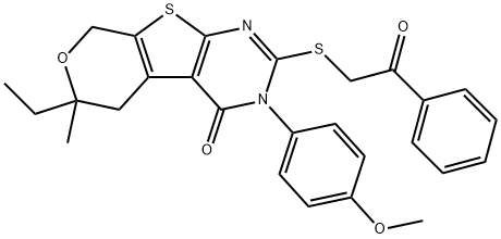 6-ethyl-3-(4-methoxyphenyl)-6-methyl-2-[(2-oxo-2-phenylethyl)sulfanyl]-3,5,6,8-tetrahydro-4H-pyrano[4',3':4,5]thieno[2,3-d]pyrimidin-4-one Structure