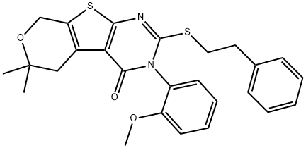 3-(2-methoxyphenyl)-6,6-dimethyl-2-[(2-phenylethyl)sulfanyl]-3,5,6,8-tetrahydro-4H-pyrano[4',3':4,5]thieno[2,3-d]pyrimidin-4-one 구조식 이미지